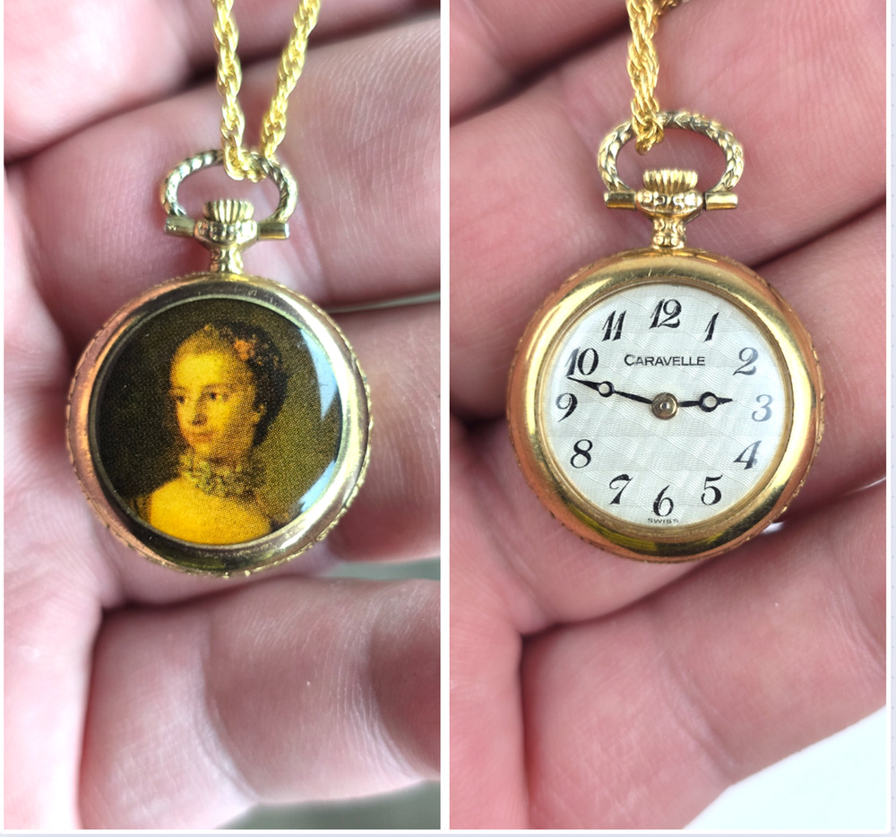 Vintage Caravelle Small Mechanical Pocket Watch Women's Portrait gold tone chain